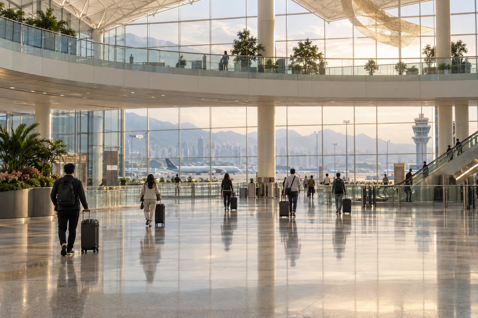 Travellers with luggage in an airport arrivals hall